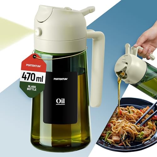 PORTENTUM Olive oil spray bottle for cooking 16oz/470ml 2 in 1 spray and pour function – Anti drip green glass bottle dispenser with light protection – Multilingual labels – Air fryer salads grilling