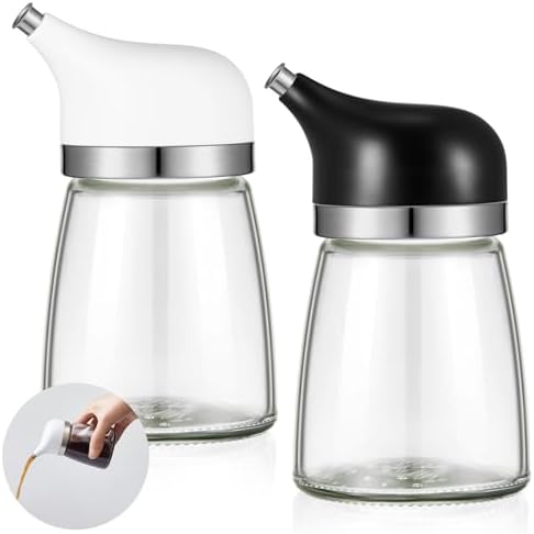 2 Pcs Cruet Dispenser Set 5 oz, White and Black Glass Soy Sauce Dispenser, Small Olive Oil and Vinegar Bottles, Soy Sauce Bottle, Non Drip Spout Cruet Bottle for Kitchen Cooking