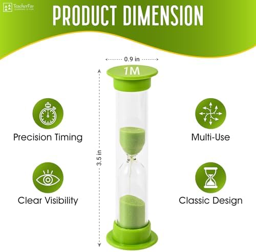 Sand Timer for Kids - 1 Minute Set of 4 Hour Glass - Green Color- Acrylic Covered for Classroom, Home & Kids Room