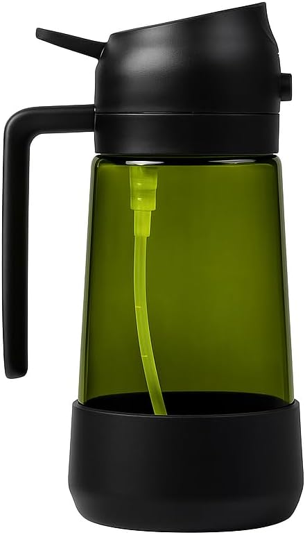 MBO 2-in-1 Olive Oil Spray Bottle for Cooking – 16oz / 470ml Glass Dispenser with Silicone-Encased Base, Mist & Pour Spout – Refillable Kitchen Gadget for Air Fryer, Salad, BBQ (Black/Green/Black)