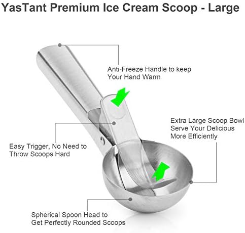 Premium Ice Cream Scoop with Trigger Ice Cream Scooper Stainless Steel, Heavy Duty Metal Icecream Scoop Spoon Dishwasher Safe, Perfect for Frozen Yogurt, Gelatos, Sundaes, Large Silver