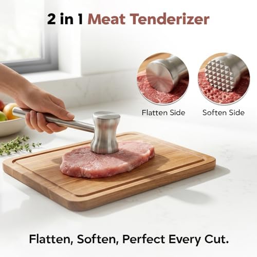 304 Stainless Steel Tenderizer Mallet Dual-Sided Hammer, Heavy Duty Pounder Tool for Steak, Beef & Chicken Cutlets, Textured Grip Kitchen Mallet, Dishwasher Safe Beater for Cooking