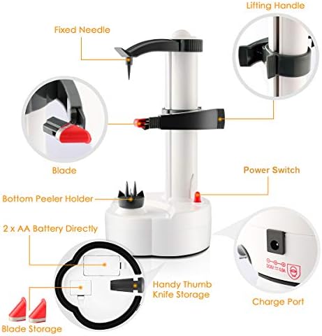 TOPCHANCES Automatic Electric Potato Peeler – 4-in-1 Fruit & Vegetable Peeler with Stainless Steel Blade, Battery Powered or USB, Easy Clean, for Apples Potatoes Carrots Cucumbers (White)