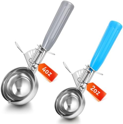 Reallnaive 2 Pcs Ice Cream Scooper with Trigger, 2 Oz+4 oz, Blue and Gray