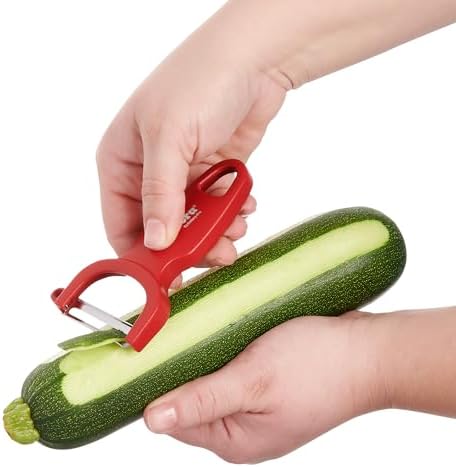 CatCora Swiss-Style Peeler, Professional German Tempered Stainless Steel Blade For Peeling Fruits and Vegetables and Garnishing, Ergonomic Contoured Handle, Red, Set of 2
