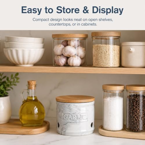 ONEMORE Garlic Keeper for Counter Ceramic Garlic Holder Countertop Storage Container with Lid - Marble Style Garlic Saver for Kitchen
