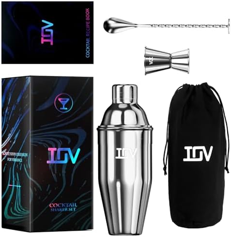 IOV Cocktail Shaker Bar Set, 24oz Martini Shaker with Built-in Strainer, Bar Tool Kit with Recipes Booklet, Professional Stainless Steel Large Bartender Drink Shaker Margarita Alcohol Mixer- Silver