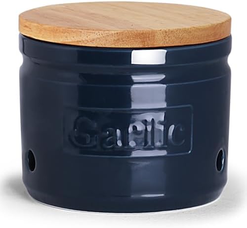 ONTUBE Ceramic Garlic Keeper with Wooden Lid 4-Inch,Garlic Holder (Navy)