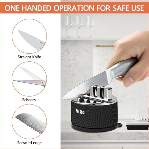 VIRO Compact Suction Kitchen Chef Knife Scissors Sharpener for Straight & Serrated Knives, 4-Stage Knife Sharpening Tool Helps Repair and Restore Blades (Black)