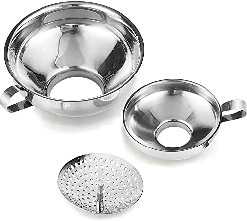 3 Pack Wide Mouth Stainless Steel Funnel Set with Detachable Filter Strainer, Food Grade Metal Kitchen Funnels with Handle, Large & Small Funnels for Canning, Jars, Liquid & Dry Ingredients