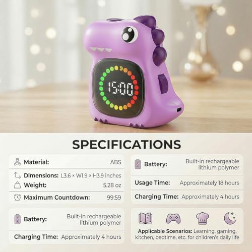 Purple Dinosaur Visual Timer for Kids, Girls Countdown Timer