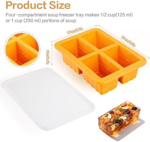 2 Pack Silicone Soup Freezer Molds with Lids, 1 Cup Silicone Freezing Soup Container, Ice Cube Trays for Freezer, Freeze Broth,Sauce,Leftovers, 250mL /125mL Portions, Orange