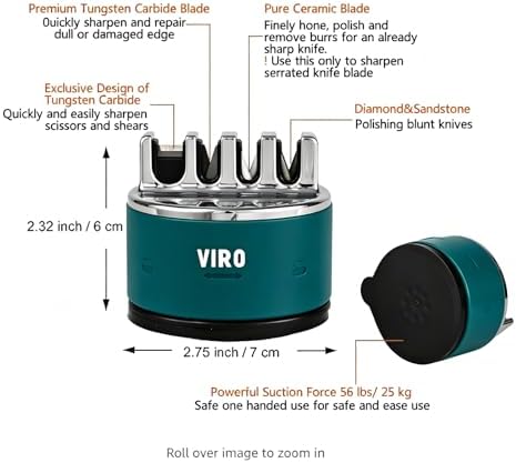 VIRO Compact Suction Kitchen Chef Knife Scissors Sharpener for Straight & Serrated Knives, 4-Stage Knife Sharpening Tool Helps Repair and Restore Blades, Lake Green