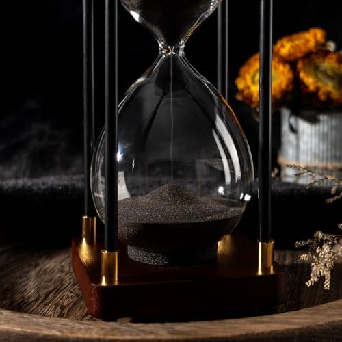 Sand Timer 60 Minutes Hourglass, Vintage Wooden Hour Glass Timer, Large Sandglass Timer Sand Clock for Games Classroom Kitchen Home Office Decor (Black Sand)