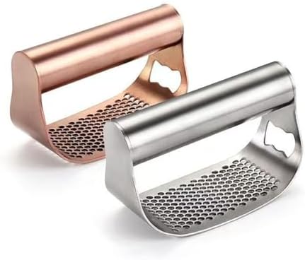 Garlic Press Rocker, Crusher Grinder Masher Bottle opener, Portable Manual Stainless Steel Wide Handle Garlic Crusher with Peeler(Style2-2pcs-Gold and Silver)