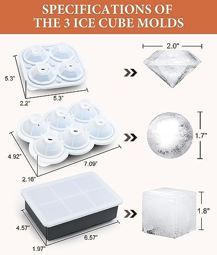 Silicone Large Ice Cube Molds (Set of 3), 6 Ice Ball Maker Mold, 6 Square Ice Cube Mold，4 Diamond, Reusable Whiskey Ice Mold, Ice Molds for Cocktails, Bpa Free, Freezer Ice Cube Tray (Grey)