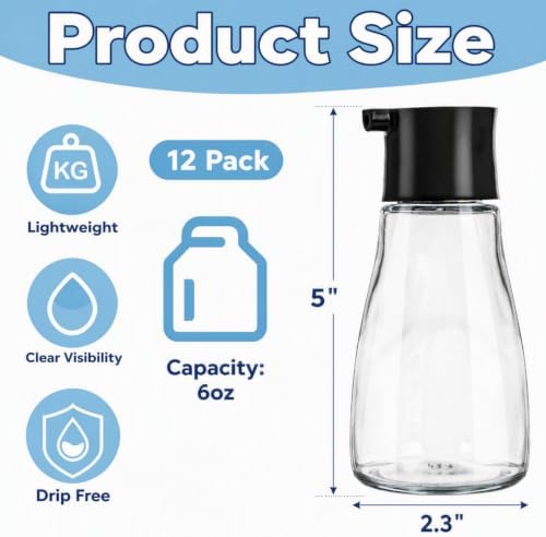 12 Pack Soy Sauce Dispenser Bottle, 6 OZ Glass Leakproof Olive Oil Cruet, Small Clear Vinegar Dispensing Bottle, Non Drip Cooking Oil Container for BBQ Seasoning Kitchen Frying Picnic