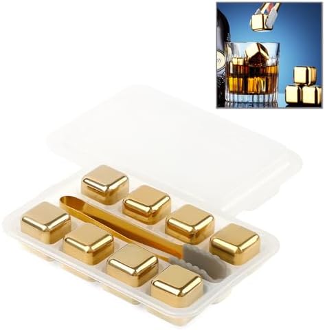 KEISSCO Stainless Steel Chilling Cubes Reusable Ice Cube Whiskey Stones for Drinks Beverage Jumbo Chilling Stones Set with Ice Tongs and Freezer Storage Tray for Whiskey, Gold Color Edition (8 Pack)