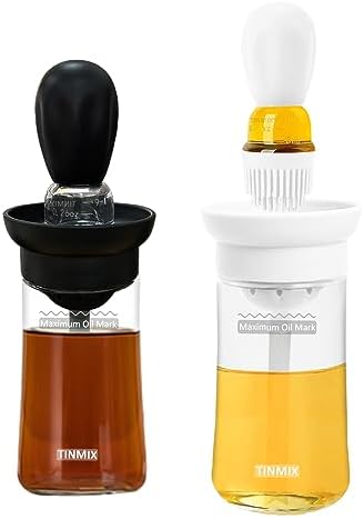 Oil Dispenser with Brush - 2 Pack Glass Olive Oil Dispenser Bottle with Silicone Basting Brush for Kitchen Cooking Vinegar Frying Baking, T-OB21S, Black+White
