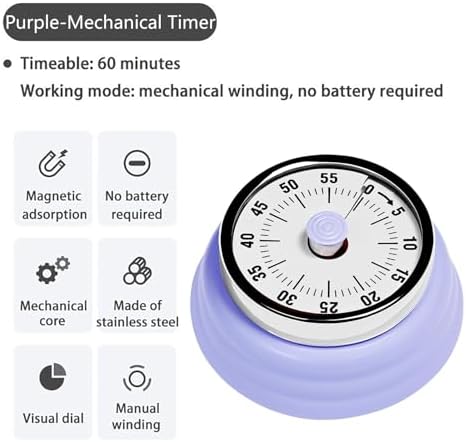 Elegant Stainless Steel Vintage Kitchen Timer with Magnetic Attachment - 60-Minute Countdown & Audible Alarm, Perfect for Cooking, Office Tasks, and Study Sessions (01-Purple)