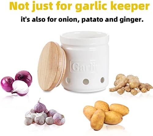 ONTUBE Garlic Keeper with Wooden Lid, 4.5-Inch Ceramic Garlic Holder 24oz (White)