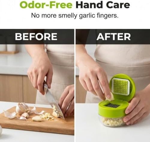 Manual Garlic Masher, Stainless Steel Blade Garlic Mincer Crusher with Peeler and Cleaning Brush, Hand-Press Garlic Chopper Grater for Ginger, Nut, Herb (2PCS)