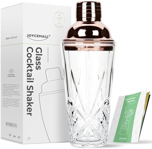 14.5 oz Glass Cocktail Shaker Set - Cut Crystal Tumbler Bartender Shaker with Stainless Sealing Steel Cap & Built - in Strainer, Martini Making Set for Home Use & Bar Use - Rosegold