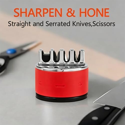 VIRO Compact Suction Kitchen Chef Knife and Scissors Sharpener for Straight and Serrated Knives, 4-Stage Knife Sharpening Tool Helps Repair and Restore Blades, Red