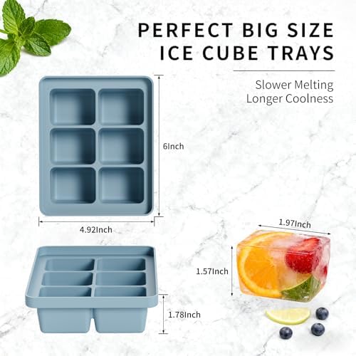 Large Silicone Ice Cube Tray Set of 3, Easy Release 6 Flexible Silicone Ice Cube Molds with Removable Lid, Reusable Freezer Stackable Ice Trays for Whiskey, No Floater, BPA Free