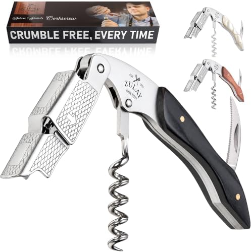Zulay Kitchen Corkscrew Wine Opener - Premium 420 Stainless Steel & Ebony Wood Wine Bottle Opener - Double Hinged Opener with Foil Cutter & Cap Remover - Ebony Wood