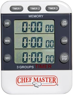 3-Channel Digital Timer by Chef Master, Triple Channel Count Up/Down Kitchen Digital Timer for Cooking, Roasting, Grilling, Marinade, Boiling, Baking, Pocket Clip, Stand & Magnet for Hands Free -90271