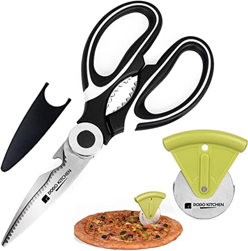 Cooking Scissors – Stainless-Steel Food Scissors – Kitchen Scissors for Meat, Vegetables and Herbs – Multifunctional Shears with Blade Cover and Pizza Slicer – Heavy Duty Meat Shears