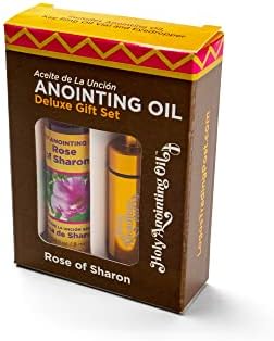 Rose of Sharon Anointing Oil from Israel Boxed Gift Set with Dispenser, Holy Jerusalem Oil & Gold Metal Keychain Bottle Container, Plastic Dropper & Small Glass Vial, Aceite Ungido y Botella