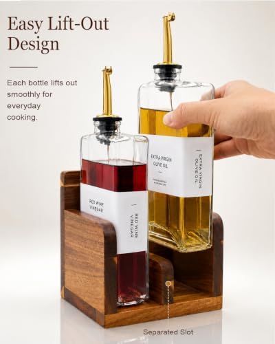 Glass Oil and Vinegar Dispenser Set with Acacia Wood Stand, 2 Pack 12 oz