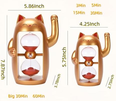 Lucky Cat Sand Timer Cute Hourglass Maneki-Neko Sandglass Timer reloj de Arena 5Min Sand Clock for Toothbrush Games Classroom Home Office Cooking Front Desk（Gold+5Min）