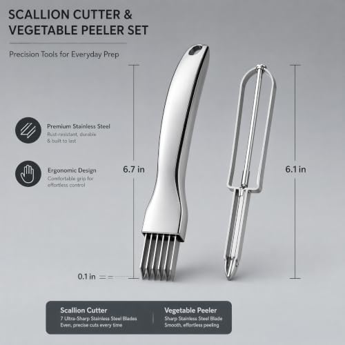 Stainless Steel Scallion Cutter and Vegetable Peeler Set, Professional 7-Blade Onion Slicer for Shred Silk Garnish, Heavy Duty Metal Fruit Peeler for Kitchen, Dishwasher Safe