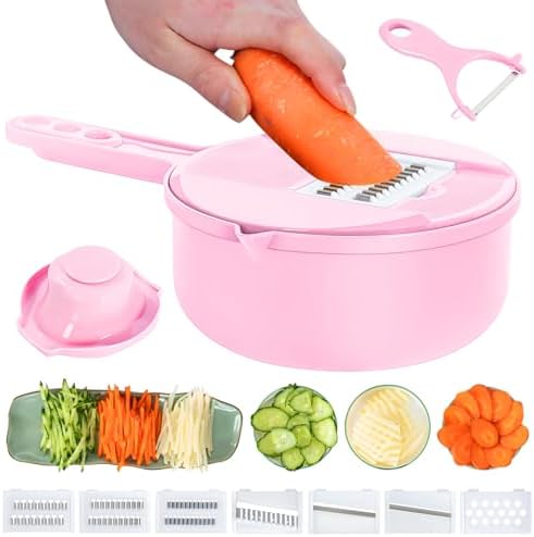 Multifunction mandoline slicer;vegetable chopper;vegetable slicer;food slicer;food chopper;chopper container;onion chopper;mandoline food slicer;vegetable cutter;chopping artifact (pink, 9 in 1)