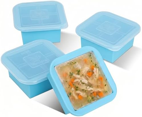 Silicone Freezer Tray with Lid 4 Pack Silicone Freezer Molds Ice Cube Tray Makes 4 Perfect 2 Cup Portions Soup Cubes Meal Prep Containers- Oven & Dishwasher Safe