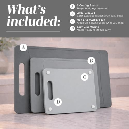 COOK WITH COLOR Non-Slip Cutting Board Set – Kitchen Essentials with Easy Grip Handle for Meat, Veggies, and Fruits, 3 Cutting Boards, Gray
