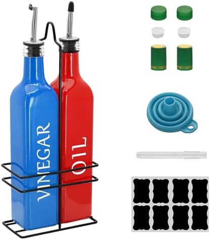 Farmhouse Oil and Vinegar Dispenser Set, 17 oz, beautiful olive oil dispenser, includes a black steel rack and a funnel, vintage cruets for vinegar and oil (Red Oil & Blue Vinegar)