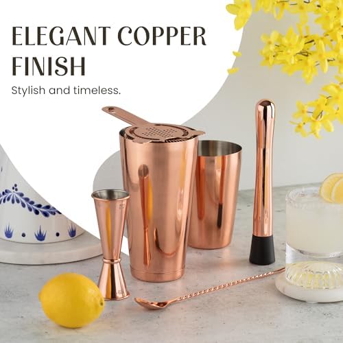 Mixology & Craft Deluxe Copper Cocktail Shaker Set – Weighted Boston Shaker Kit for Bartenders – Includes Japanese Jigger, Muddler, Pourers, Strainers – Perfect for Home Bars and Gifts