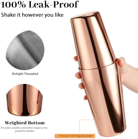 Boston Cocktail Shaker Set, 18 oz & 28 oz 2-Piece Tins, 304 Stainless Steel Bartender Kit 5-Piece Bar Tool Set with Recipe Book, Perfect for Novices & Pros, Home and Bar Use (RoseGold)