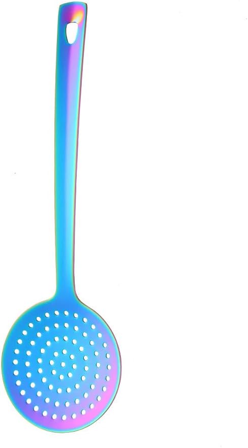Skimmer Spoon, BuyGo Kitchen Tool Slotted Spoon Stainless Steel Cooking Utensil Strainer Ladle with a Loop, Comfortable Grip Design Strainer Ladle for Kitchen, Rainbow