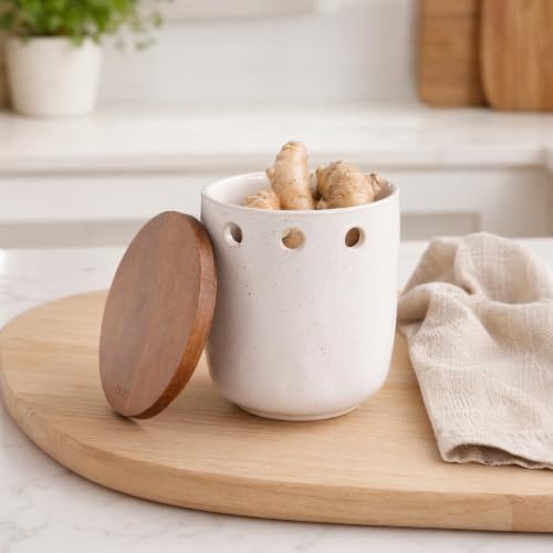 Garlic Keeper with Wood Lid, Ceramic Garlic Saver, Large Garlic Holder