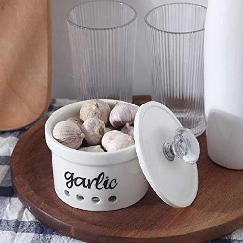 Garlic Keeper with Crystal Lid, 12.5 oz Ceramic Garlic Saver Container for Countertop, Farmhouse Kitchen Decor (Silver)