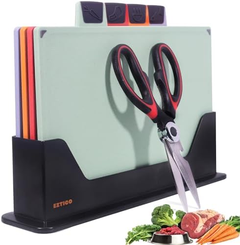 4-Piece Non-Toxic Cutting Board Set 12"L x 9"W with Premium Scissors – BPA-Free Plastic and Rubber Chopping Boards for Kitchen Essentials with Organizer, Dishwasher Safe Accessories Holder.