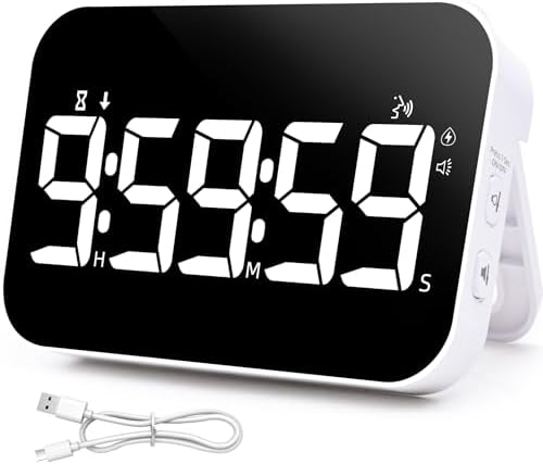 TXL Kitchen Timer for Cooking, Rechargeable Digital Magnetic Timer with Large LED Display, Loud Alarm, Sound Countdown, 4 Volume Levels and 3 Brightness for Classroom, Study (White)