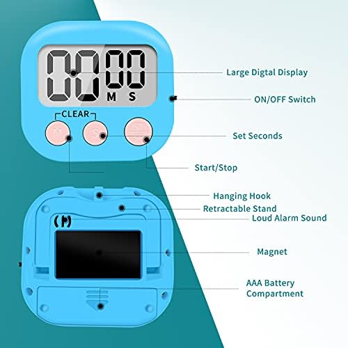 6 Pack Small Digital Kitchen Timer Magnetic Back and ON/Off Switch,Minute Second Count Up Countdown (Blue)