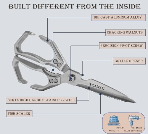 Kitchen Scissors All Purpose Heavy Duty, 3Cr14 Stainless Steel Blades with Cast Aluminum Handle, Detachable Poultry Shears for Cutting Chicken Meat Fish Vegetables
