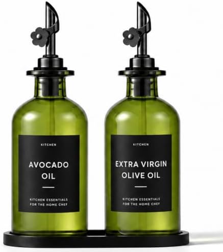 Olive Oil Dispenser for Kitchen, 2-Pack 12oz Glass Bottle with Black Labels